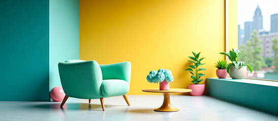 teal armchair with wooden legs sits front a yellow round coffee table with a plant a pink pot a minimalist interior.
