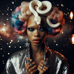 Luxury fashion style photo. Beautiful woman with a snake. Book magazine creative concept cover photography