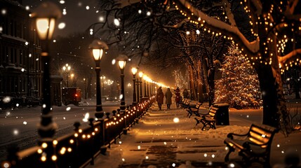 Snowy Night Stroll in a Festive Urban Park