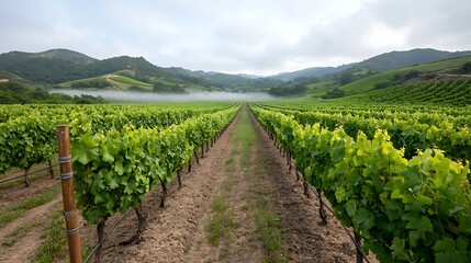 Fototapeta premium Vineyard rows stretching across lush green hills under cloudy sky