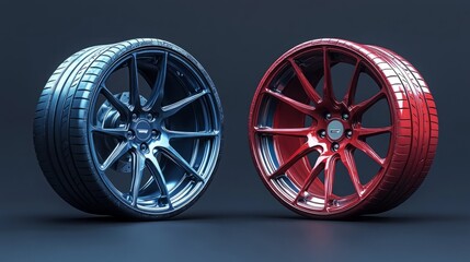 High-Quality 3D Vector-Style Illustration of Car Wheels with Detailed Realistic Rims, Featuring Two Distinct Wheel Designs for Automotive Concepts and Tire Products