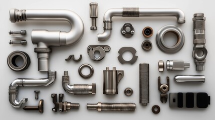Assortment of metal industrial components including pipes, connectors, and fasteners arranged on a white surface.