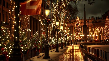 Festive Night Scene with Christmas Lights and Decor