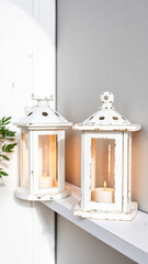 two distressed white lanterns with lit candles on a shelf