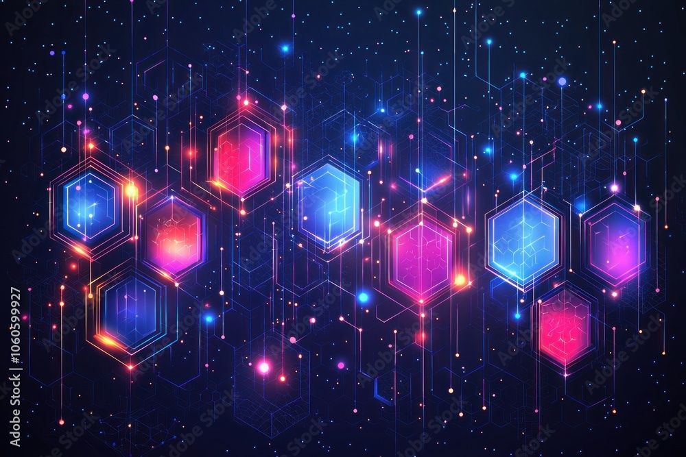 Poster Abstract Neon Hexagon Pattern with Glowing Lines and Dots