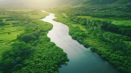 Fototapeta premium Serene River Flowing Through Lush Green Landscape