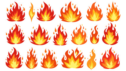 Cartoon flame. Fire fireball, red hot campfire, yellow heat wildfire and bonfire, burn power fiery silhouettes isolated vector illustration set. Fireball power light, flame bonfire energy
