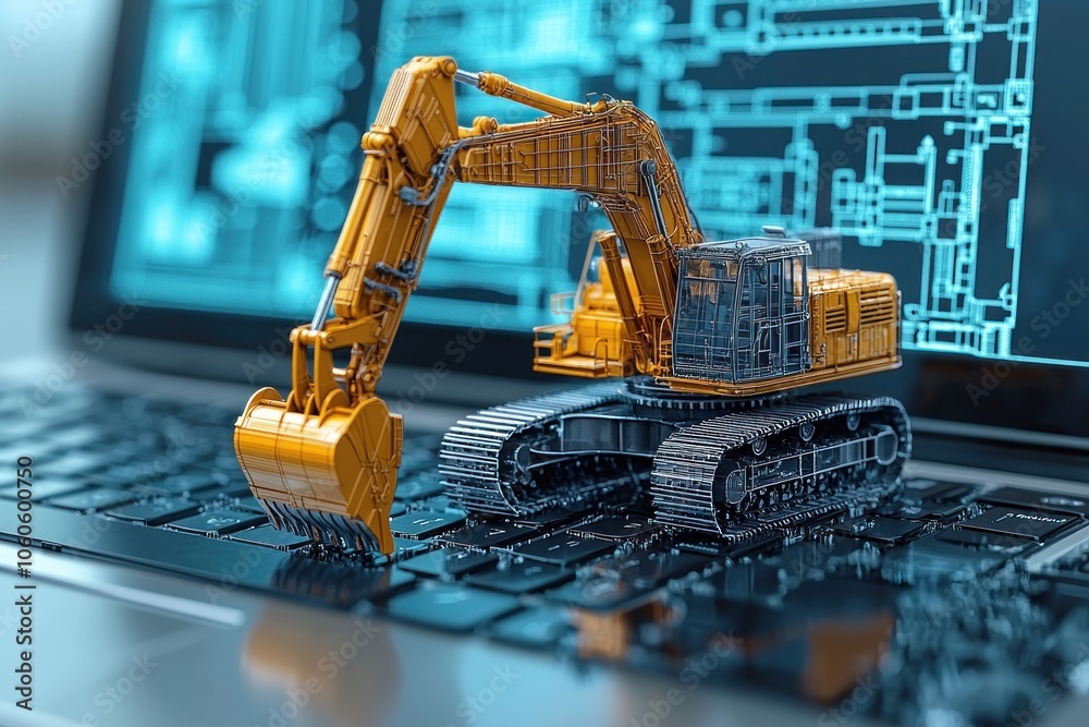 Poster Excavator Model on Laptop Keyboard with Blueprints Displayed