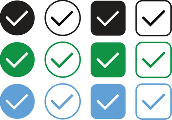 Checkmark icon set. Checkbox sign. approved check mark icon. Green check mark icon Check mark with right sign. Tick icon set. Green check button