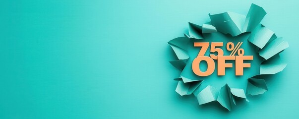 Black Friday tearing paper effect, "75% OFF" text in dynamic font in center, solid turquoise background, eye-catching for promotions