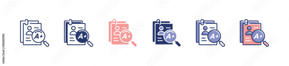 Poster search magnifier student exam score data icon set education quiz test result grade with magnify zoom