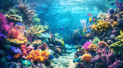 A vibrant nature coral atoll landscape with a variety of marine life, the corals creating a colorful underwater garden. Underwater Coral Garden. Illustration