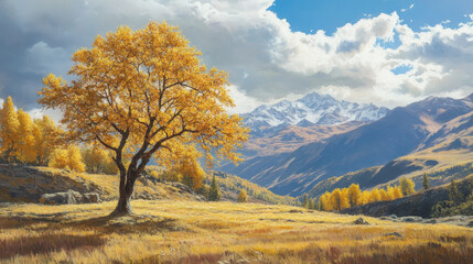 Fototapeta premium vibrant autumn landscape with a golden-leaved tree in the foreground, set against a backdrop of snow-capped mountains and a clear blue sky, capturing the serene beauty of the fall season