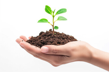 A hand holding soil with a young plant, isolated on a white background.