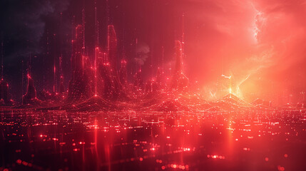 Fototapeta premium Futuristic Red Digital City with Glowing Lights and Grids