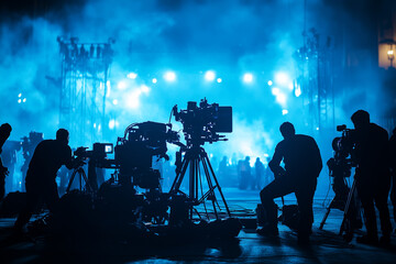 Fototapeta premium A movie production crew with cameras and lighting equipment, standing in front of an open set, blue lights shining on them,