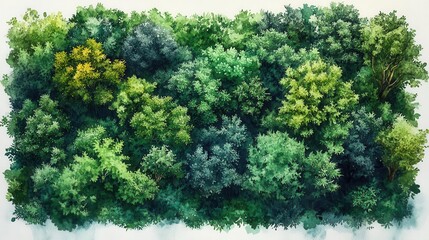 aerial watercolor illustration depicts lush greenery featuring trees bushes and shrubs artistically composed for landscape planning and design