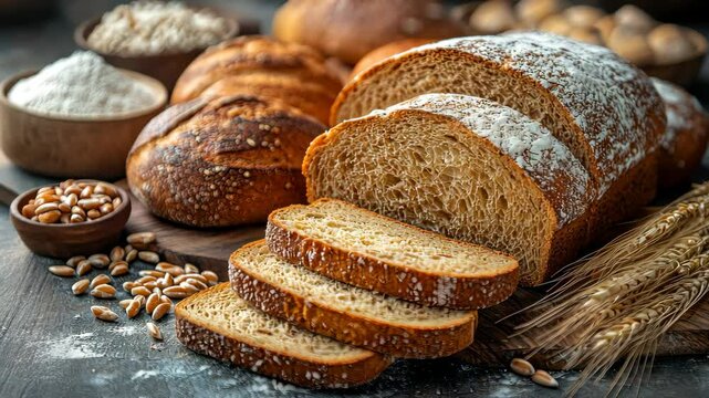 Baker showing a loaf of freshly baked bread that has been partially sliced on a table with wheat
