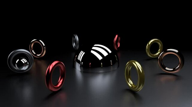 Six metal Ring balls with bright stripes Angular contact roller bearing on black background Slow Motion Animation, 4k Video