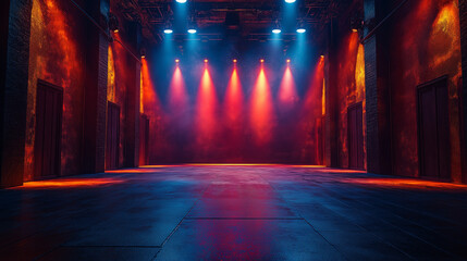 Obraz premium A large empty stage with four bright lights shining on it