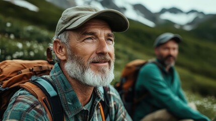 Two older men with backpacks are enjoying a mountainous nature expedition, featuring green hills, clear skies, and a sense of adventure and harmony with nature.