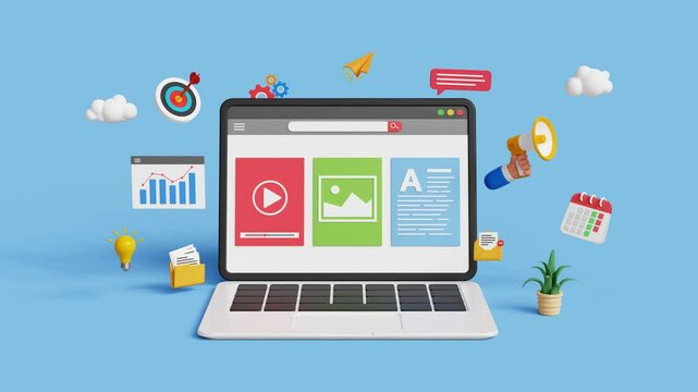 Digital marketing, advertising or content promotion concept. SEO, Organic traffic, email marketing or pitching. 3D content analytics dashboard on laptop with digital marketing icons. 4K 3D animation