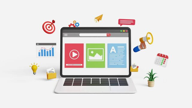 Digital content marketing, content promotion, SEO, organic reach, social media marketing. Video, image and text content analytics dashboard on 3d laptop screen with marketing icons. 4K 3D animation