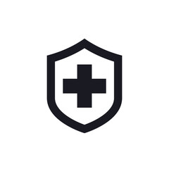 Health insurance icon with a shield, vector pictogram on white