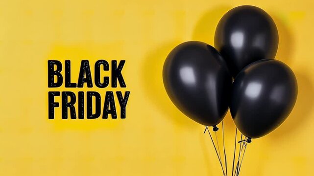 Black balloons with black lettering on a yellow background that reads 'Black Friday'. Seamless looping video background animation. Generated with AI
