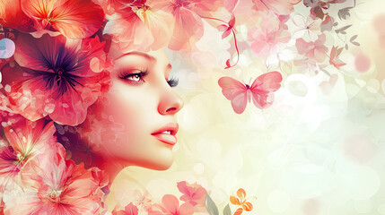 Naklejka premium Concept of Beauty. Illustration of beauty woman with abstract floral background