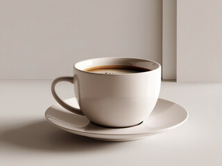 white coffee cup with saucer on minimalist surface, inviting warmth