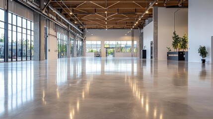 Fototapeta premium Empty warehouse with polished concrete floors and geometric ceiling beams, architectural warehouse, modern interior design