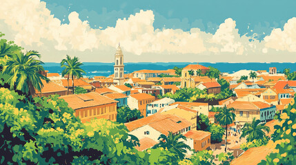 Banjul, Gambia, french vintage Art Nouveau & Art Deco travel poster template. Cityscape and city skyline.Classic La Belle Epoque vichy art. Clear, simple, trendy