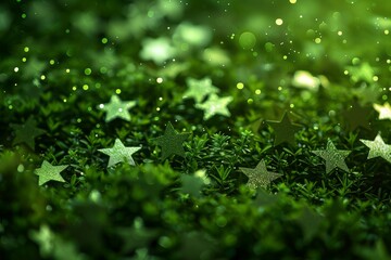 Festive green stars confetti scattered on vibrant background ideal for celebrations and events. dynamic illustration. star pattern wallpaper. Abstract textured backdrop for digital projects