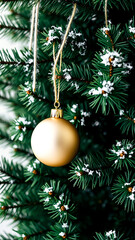Fototapeta premium frosted evergreen branch with a shiny gold ornament