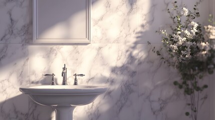 Portrait photo of a clean, minimalist bathroom with marble walls, a standalone sink, and silver fixtures, adding elegance to the space, 4k resolution