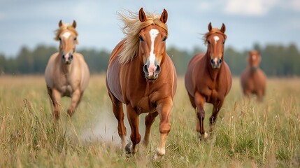 Fototapeta premium Horses gallop across the open field showcasing their grace and strength in nature's beauty