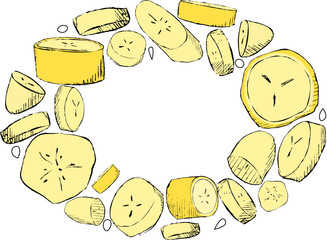 Pieces of banana slice snack oval ellipse frame. Vector Topical fresh banana slice cut fruit in Graphic. National Banana Day