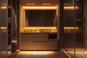 Candid photo of a family bathroom with ample storage, soft lighting, and practical design, providing a warm and functional space, 4k resolution