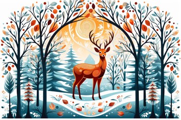 Teal and gold deer with branch antlers in deco style amidst a winter forest collage on white