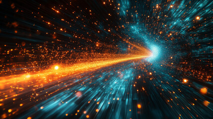 Obraz premium A bright orange and blue light is shooting through a dark sky