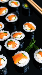 plate freshly prepared salmon sushi rolls with vibrant colors a garnish green herbs.