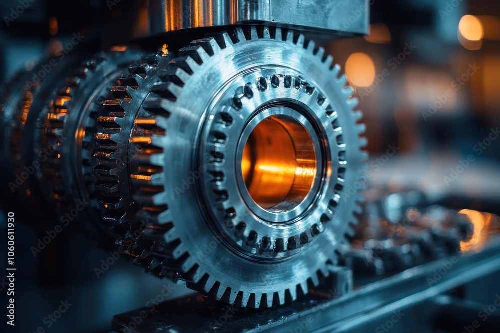 Poster Closeup of Interlocking Metal Gears in a Factory Setting