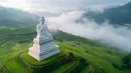 Buddha statue overlooking lush terraced rice fields amidst misty mountains in nature's serenity