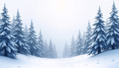 Obraz premium Snow-covered forest with tall evergreen trees in a foggy winter landscape