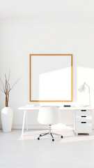 minimalistic white home office space with an empty frame