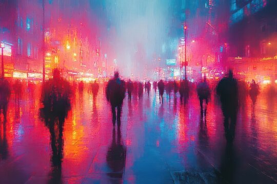 an abstract representation of a street fair with colorful lights and blurred figures creating a lively outdoor backdrop evoking the energy and excitement of a community event
