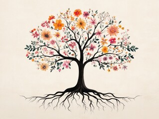 A vibrant tree adorned with colorful flowers, symbolizing growth, harmony, and natural beauty in a serene setting.