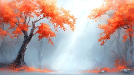 Enchanting autumn landscape illuminated by warm sunlight amidst mystical fog