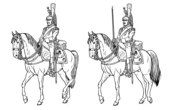 Heavy cavalry - cuirassier. Mounted soldier of the Napoleonic army. Historical drawing to color in.